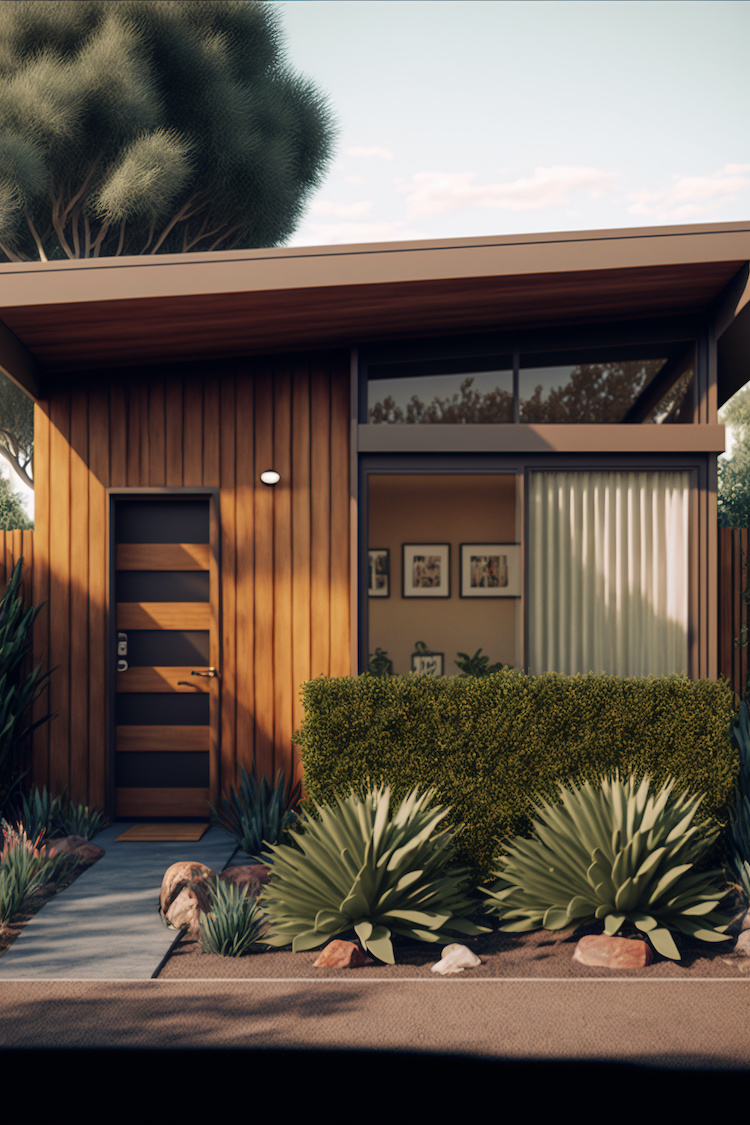 real estate davis modern wood mid century small house exterior, mixed landscape bushes and cactus