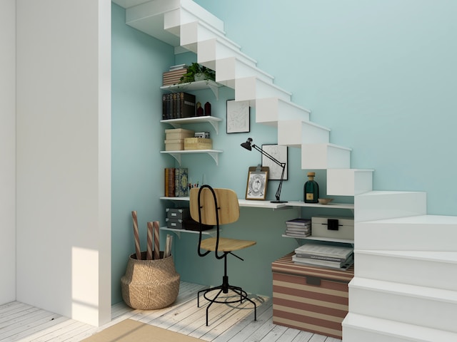 Desk under stairwell.