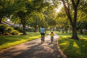 Parent and child riding bicycles along a tree-lined path in a sunny Davis California neighborhood