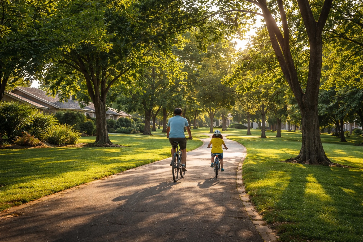 Parent and child riding bicycles along a tree-lined path in a sunny Davis California neighborhood